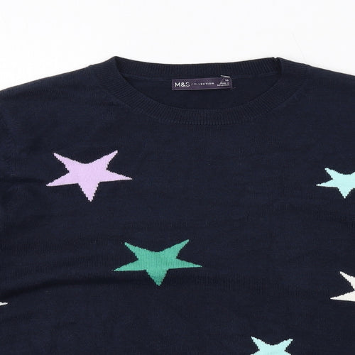 Marks and Spencer Womens Blue Crew Neck Geometric Acrylic Pullover Jumper Size 10 - Star Print