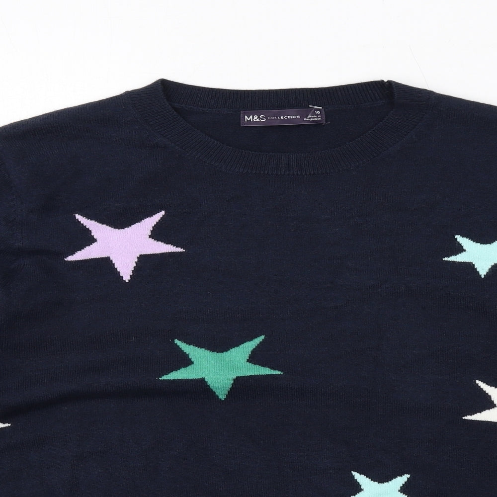 Marks and Spencer Womens Blue Crew Neck Geometric Acrylic Pullover Jumper Size 10 - Star Print