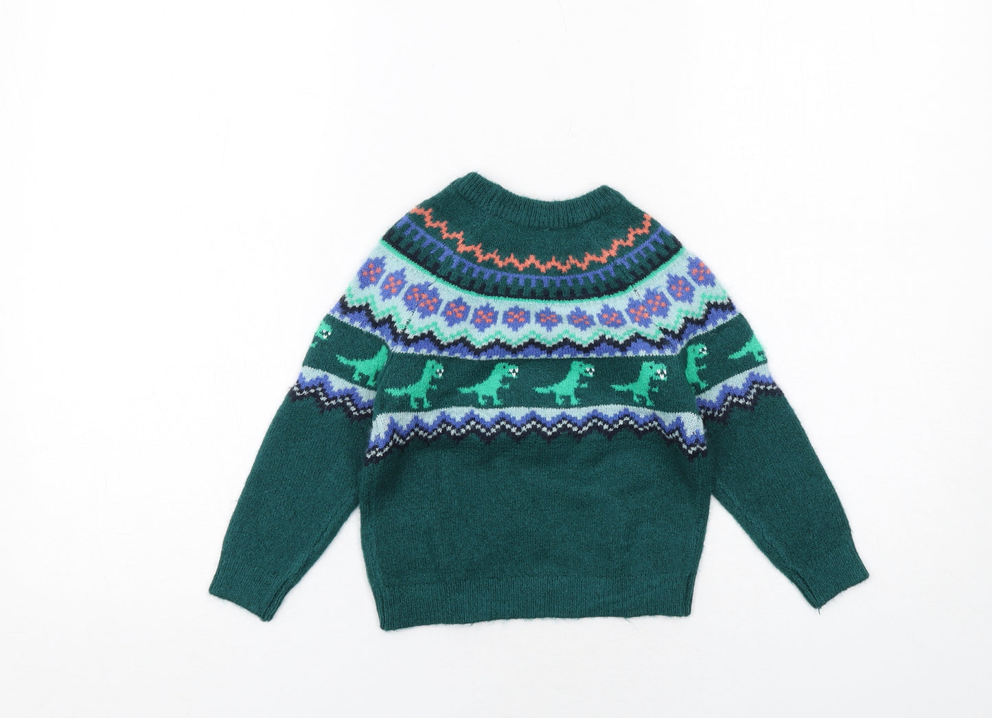 Marks and Spencer Boys Green Crew Neck Fair Isle Acrylic Pullover Jumper Size 2-3 Years Pullover - Dinosaur
