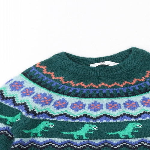 Marks and Spencer Boys Green Crew Neck Fair Isle Acrylic Pullover Jumper Size 2-3 Years Pullover - Dinosaur