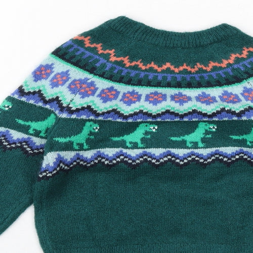 Marks and Spencer Boys Green Crew Neck Fair Isle Acrylic Pullover Jumper Size 2-3 Years Pullover - Dinosaur