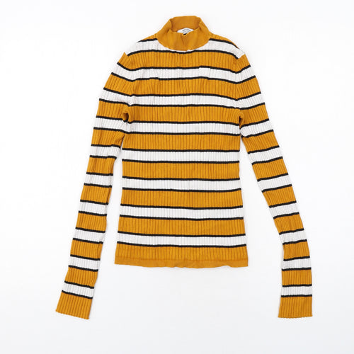 Bershka Womens Yellow Mock Neck Striped Acrylic Pullover Jumper Size XS Pullover