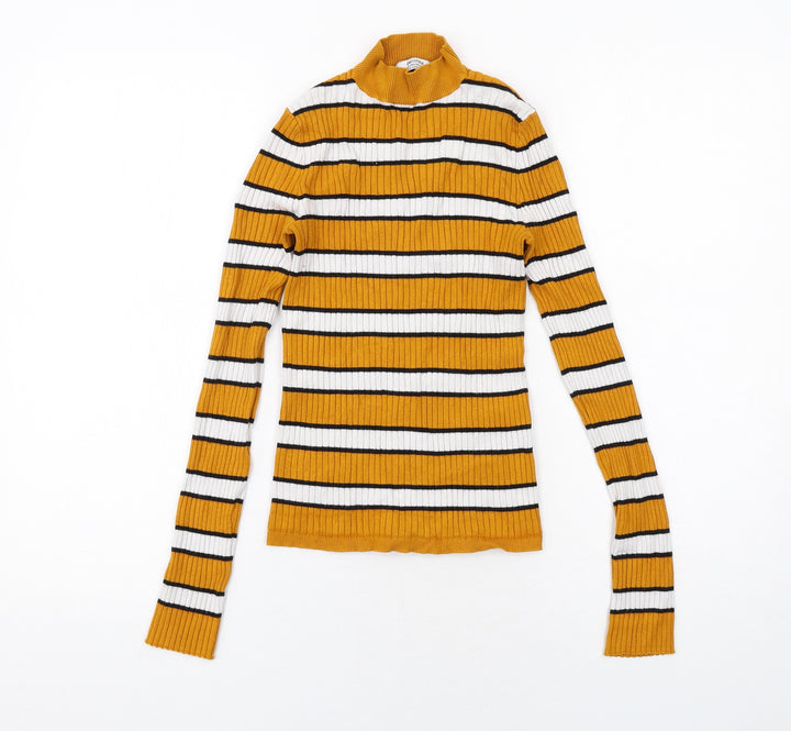 Bershka Womens Yellow Mock Neck Striped Acrylic Pullover Jumper Size XS Pullover