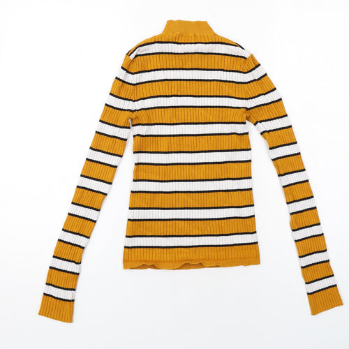 Bershka Womens Yellow Mock Neck Striped Acrylic Pullover Jumper Size XS Pullover