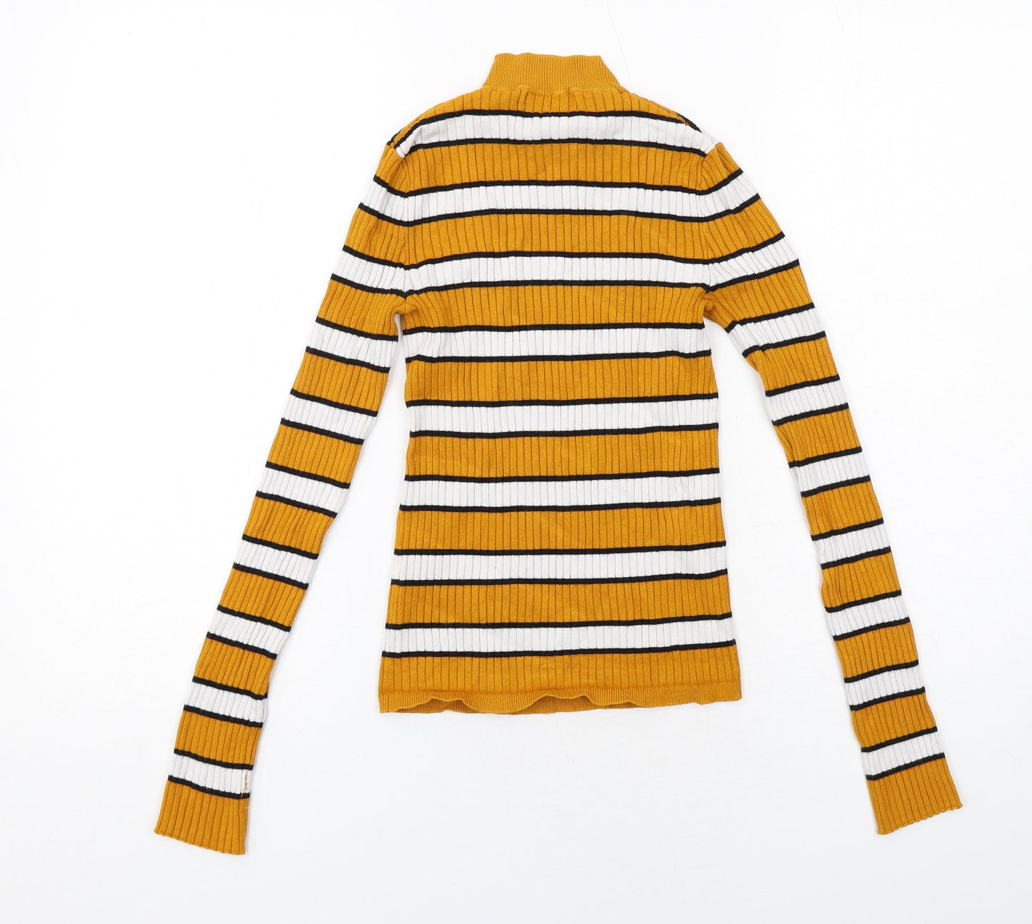 Bershka Womens Yellow Mock Neck Striped Acrylic Pullover Jumper Size XS Pullover