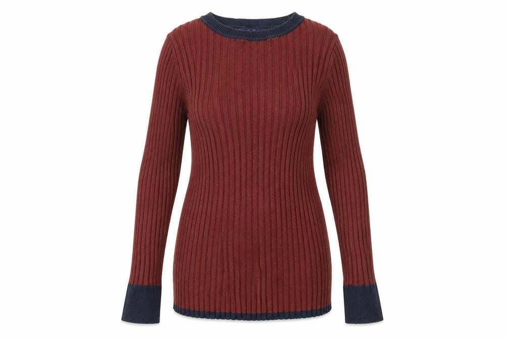 Front view of Next women’s brown boat neck nylon jumper, size UK 12, - ribbed