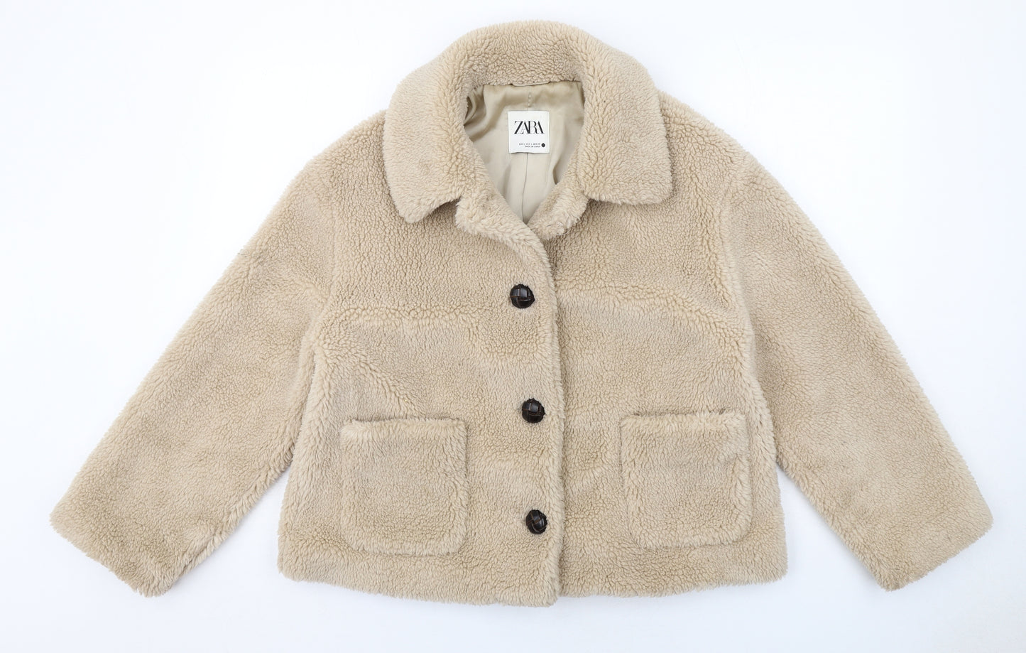 Zara Womens Beige Jacket Size L Button - Teddy Bear Style