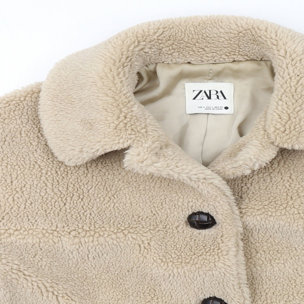 Zara Womens Beige Jacket Size L Button - Teddy Bear Style
