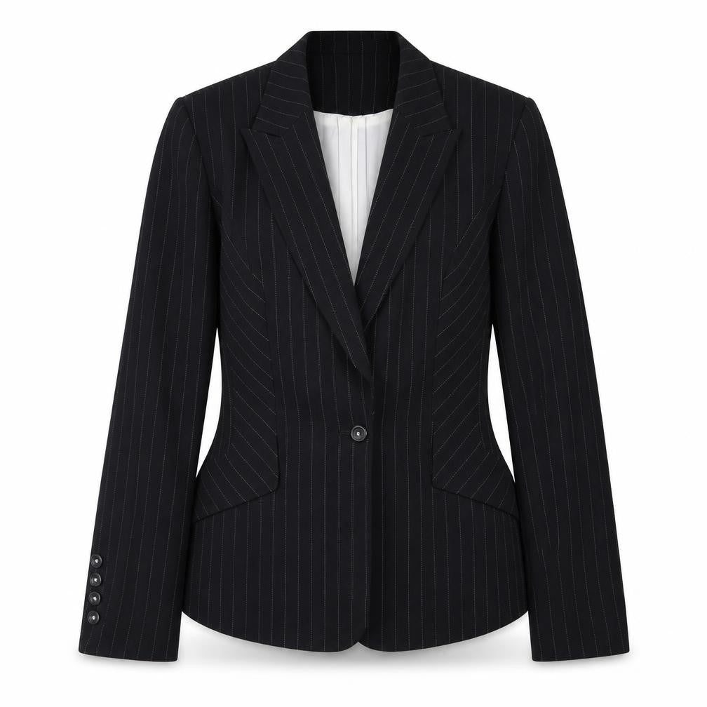 Front view of Marks & Spencer women’s black striped polyester jacket suit jacket, size UK 14