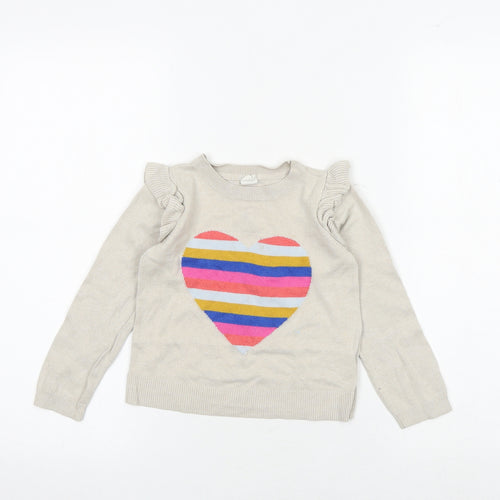 Gap Girls Beige Round Neck Cotton Pullover Jumper Size 5 Years Pullover - Heart