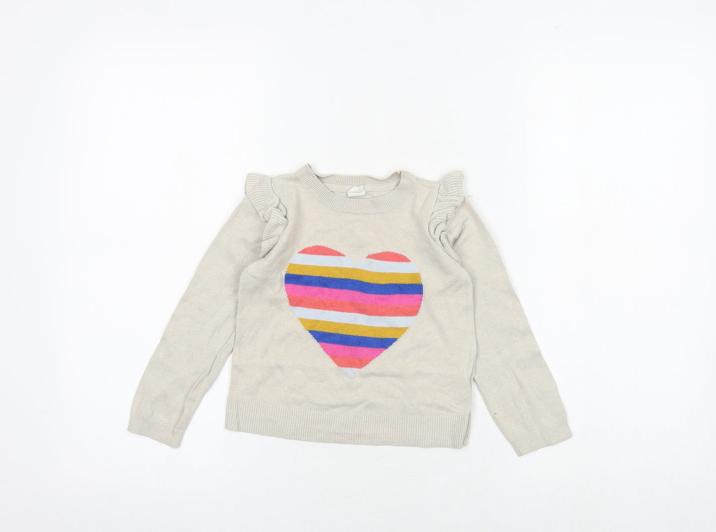 Gap Girls Beige Round Neck Cotton Pullover Jumper Size 5 Years Pullover - Heart