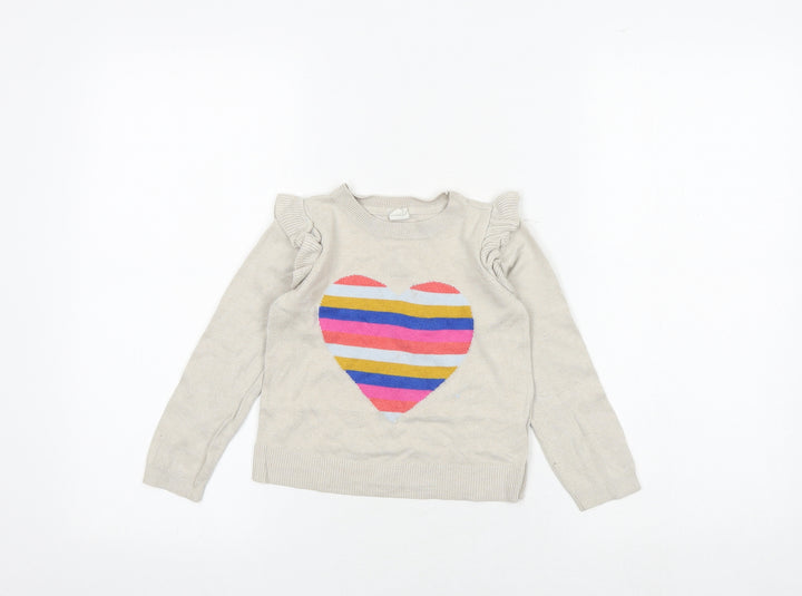 Gap Girls Beige Round Neck Cotton Pullover Jumper Size 5 Years Pullover - Heart