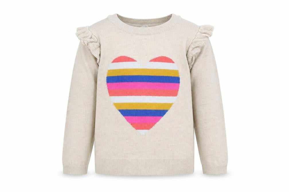 Front view of Gap girls’ beige round neck cotton jumper, size 5, years pullover - heart