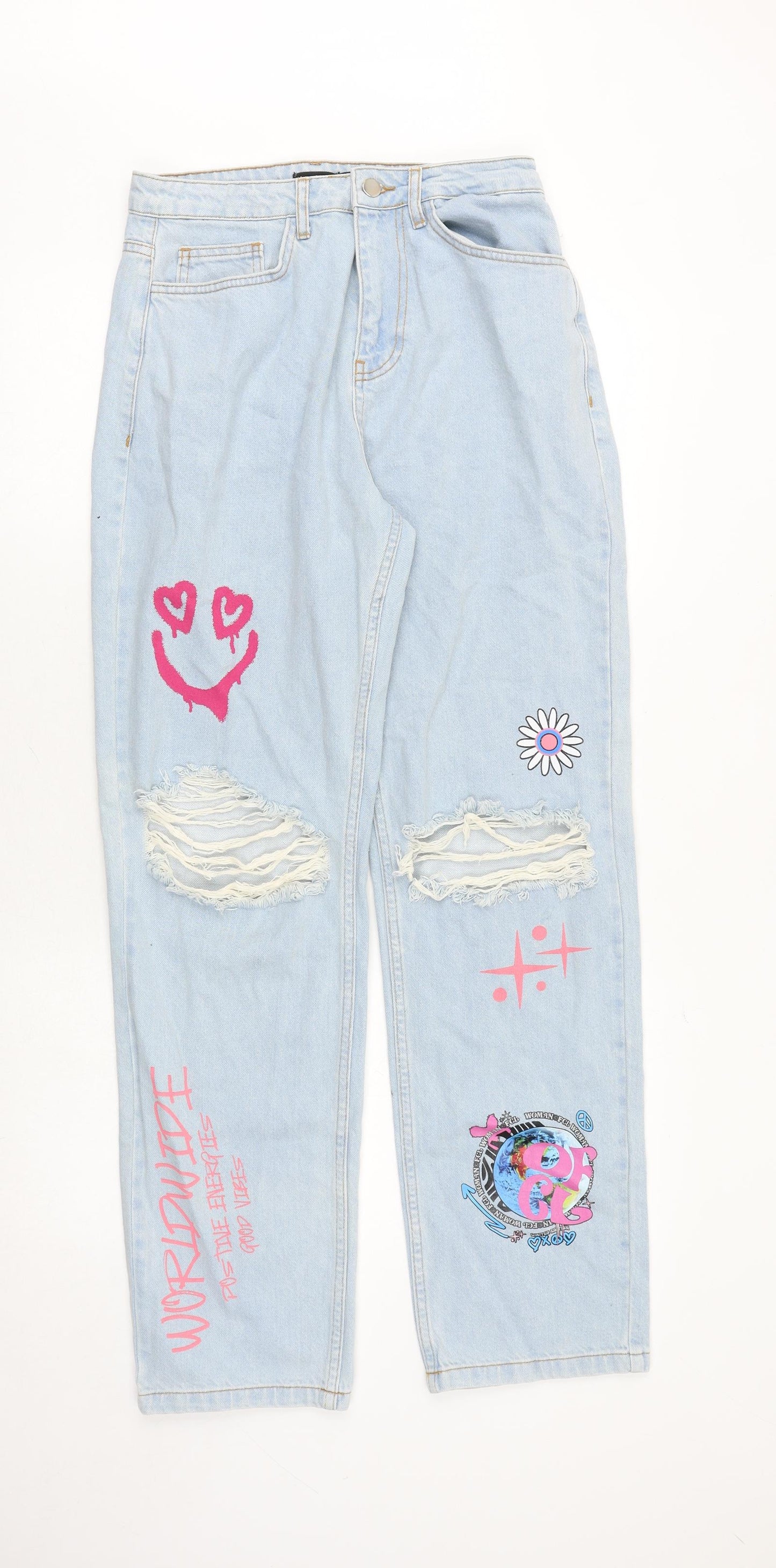 Boohoo Womens Blue Cotton Mom Jeans Size 10 Regular Zip - Graphic
