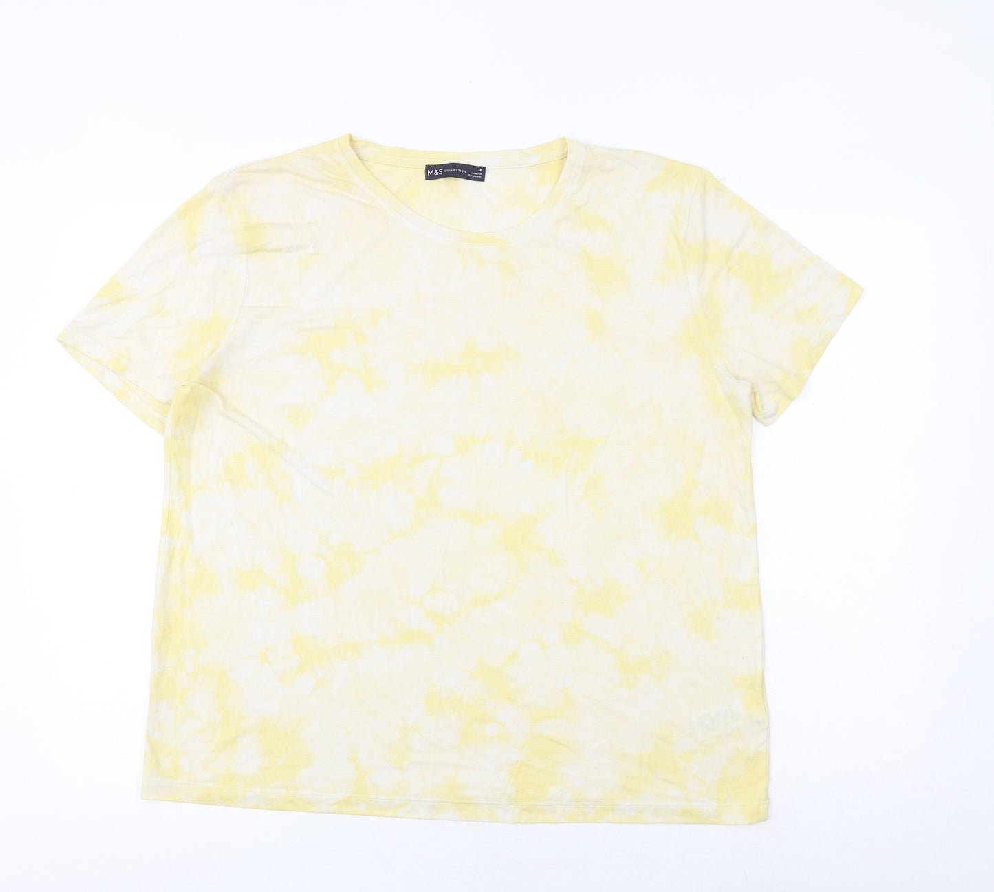Marks and Spencer Womens Yellow Geometric Viscose Basic T-Shirt Size 14 Crew Neck - Tie Dye