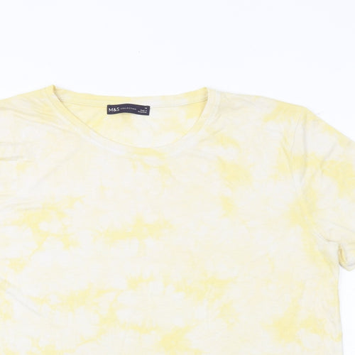 Marks and Spencer Womens Yellow Geometric Viscose Basic T-Shirt Size 14 Crew Neck - Tie Dye