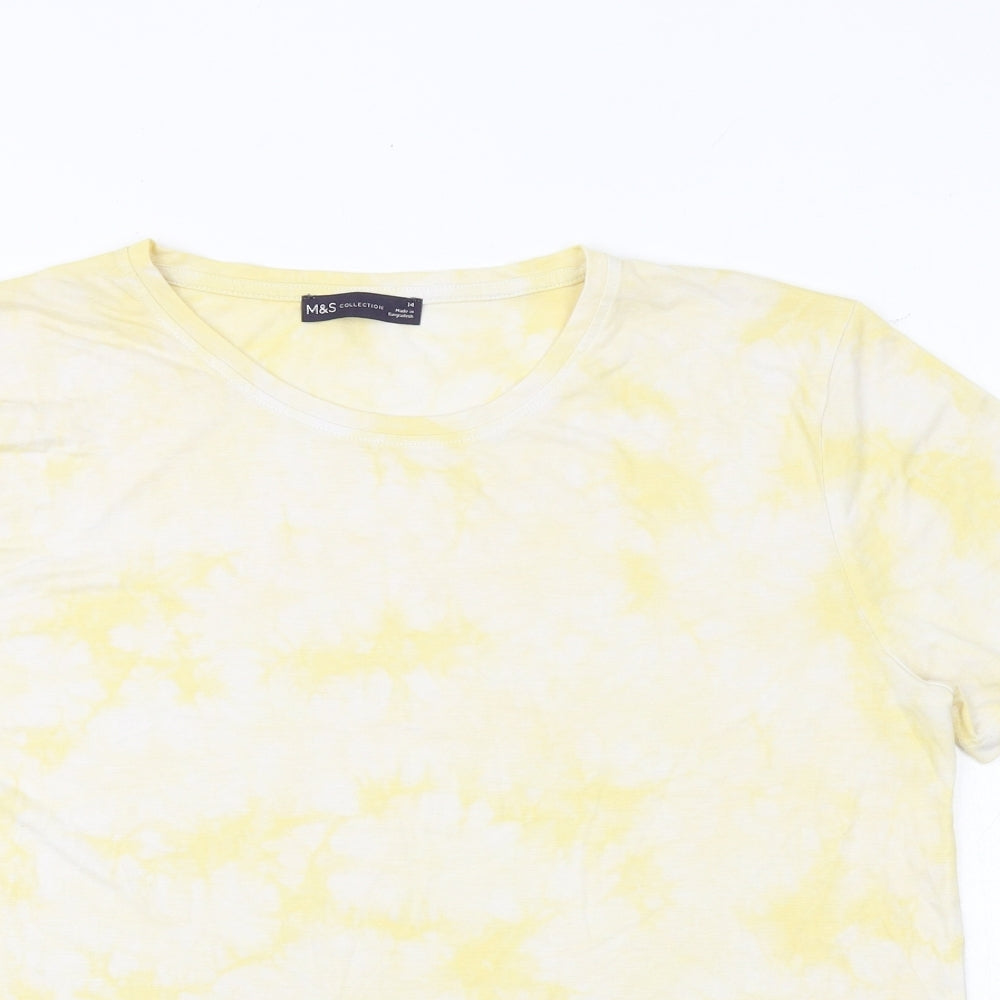 Marks and Spencer Womens Yellow Geometric Viscose Basic T-Shirt Size 14 Crew Neck - Tie Dye
