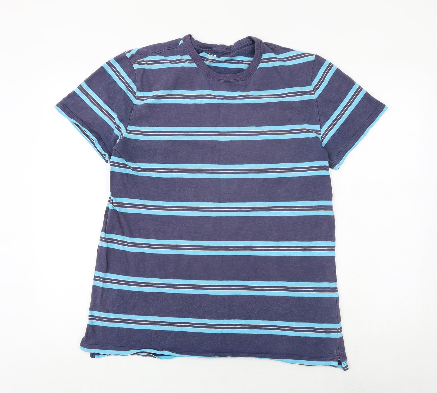 Gap Mens Blue Striped Cotton T-Shirt Size L Round Neck