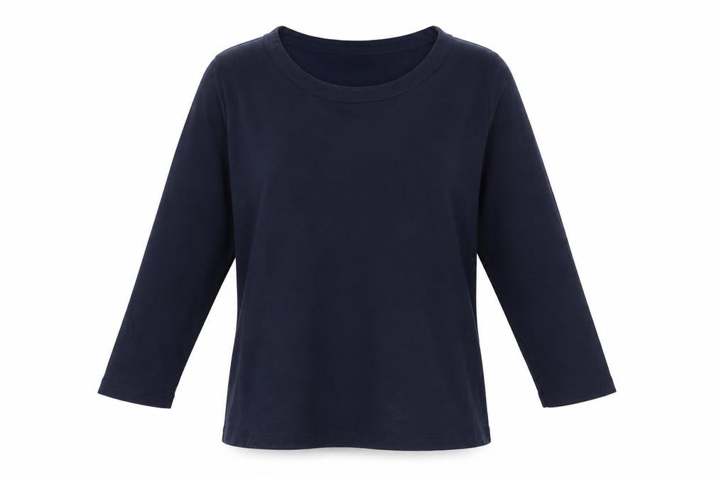 Front view of Country Casuals women’s blue 100% cotton basic t-shirt, size M, boat neck