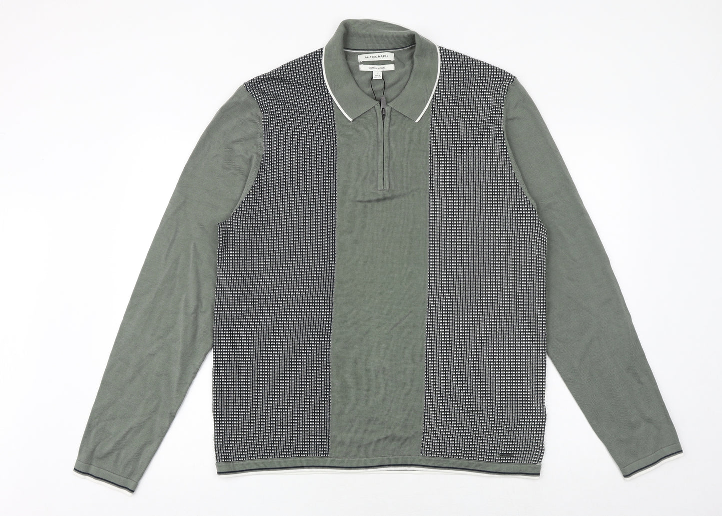 Autograph Mens Green Collared Cotton Pullover Jumper Size L Long Sleeve
