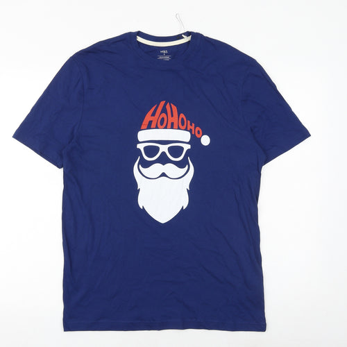 Marks and Spencer Mens Blue Cotton T-Shirt Size S Round Neck - Father Christmas Ho Ho Ho