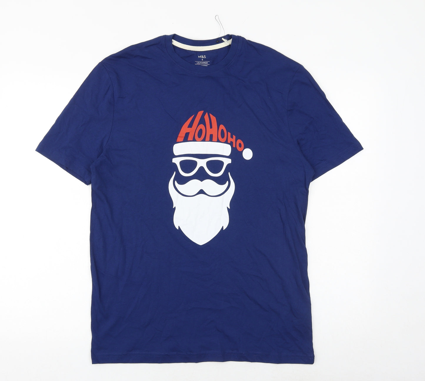 Marks and Spencer Mens Blue Cotton T-Shirt Size S Round Neck - Father Christmas Ho Ho Ho