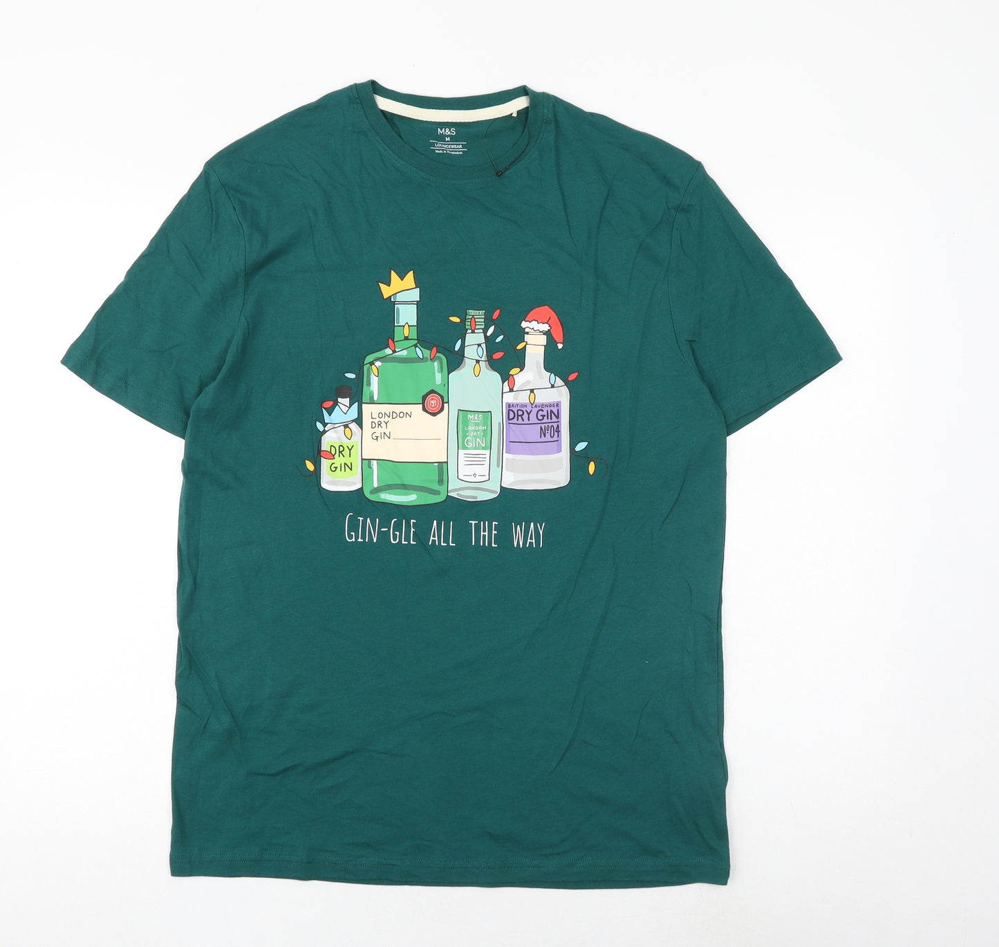 Marks and Spencer Mens Green Cotton T-Shirt Size M Round Neck - Christmas Gin-gle all the way