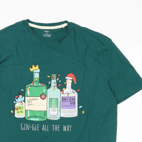 Marks and Spencer Mens Green Cotton T-Shirt Size M Round Neck - Christmas Gin-gle all the way
