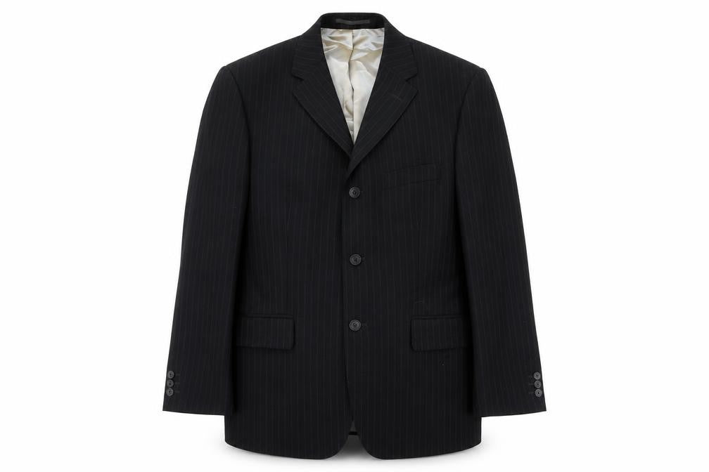 Front view of Burton men’s blue striped wool jacket suit jacket, size 40, regular