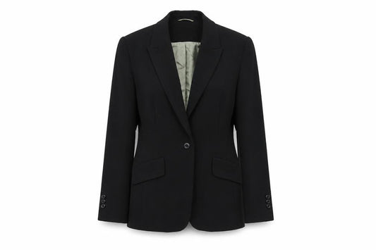 Front view of Next women’s black polyester jacket suit jacket, size UK 12, button
