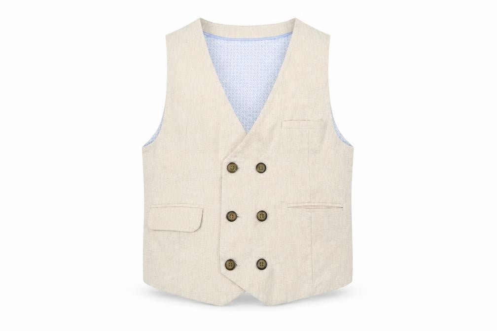 Front view of Autograph boys’ beige jacket waistcoat, size 6-7, years button