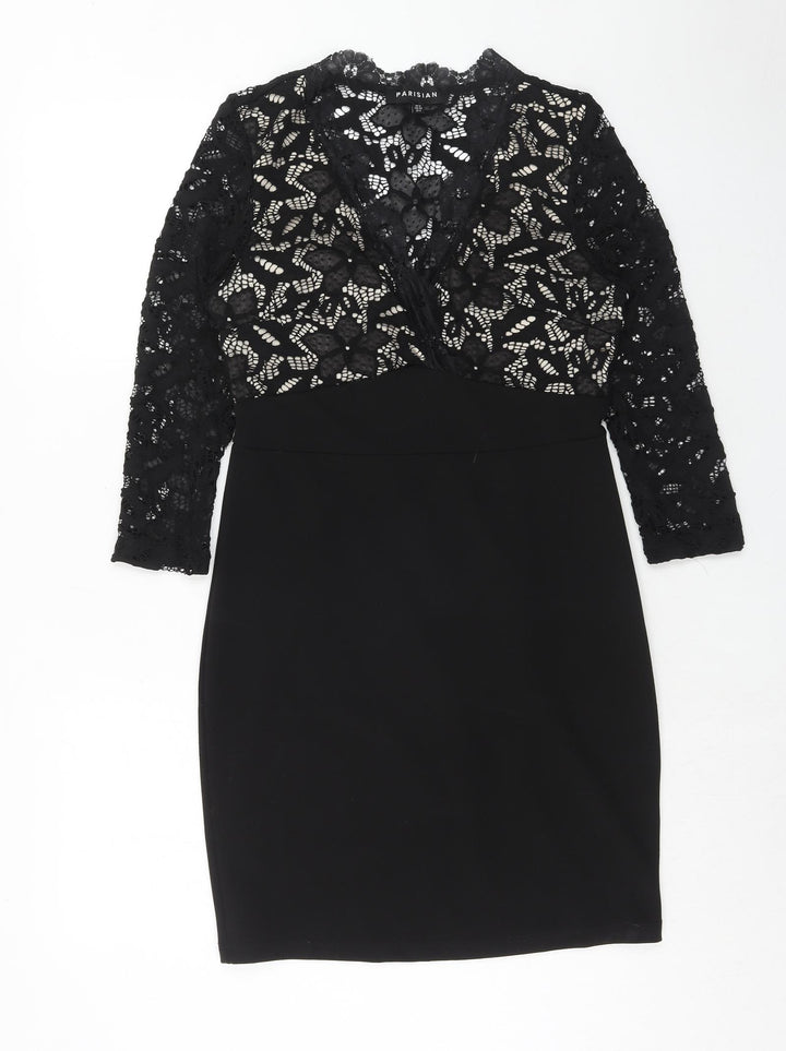PARISIAN SIGNATURE Womens Black Polyester Pencil Dress Size 12 V-Neck Zip - Crocheted Lace Top