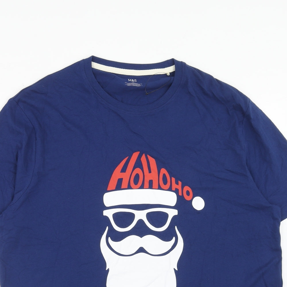 Marks and Spencer Mens Blue Cotton T-Shirt Size L Round Neck - Father Christmas Ho Ho Ho