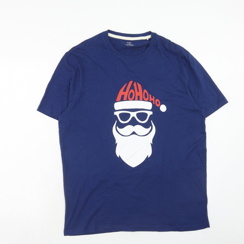 Marks and Spencer Mens Blue Cotton T-Shirt Size S Round Neck - Father Christmas Ho Ho Ho