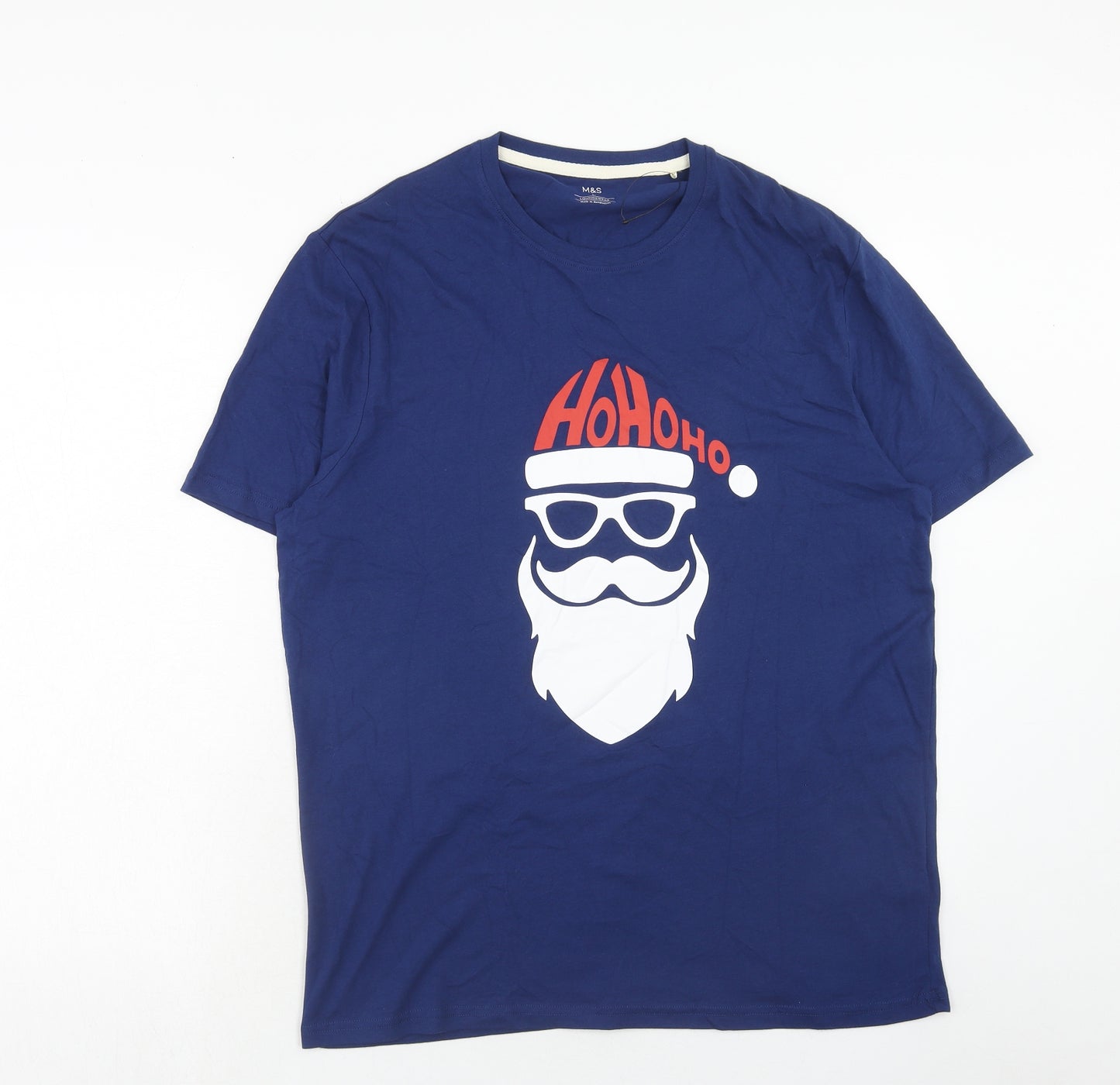 Marks and Spencer Mens Blue Cotton T-Shirt Size S Round Neck - Father Christmas Ho Ho Ho