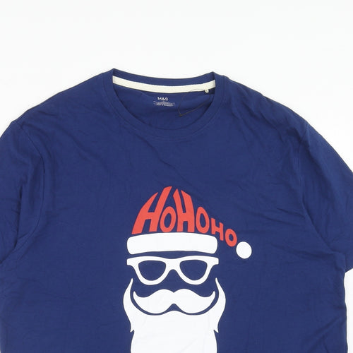 Marks and Spencer Mens Blue Cotton T-Shirt Size S Round Neck - Father Christmas Ho Ho Ho