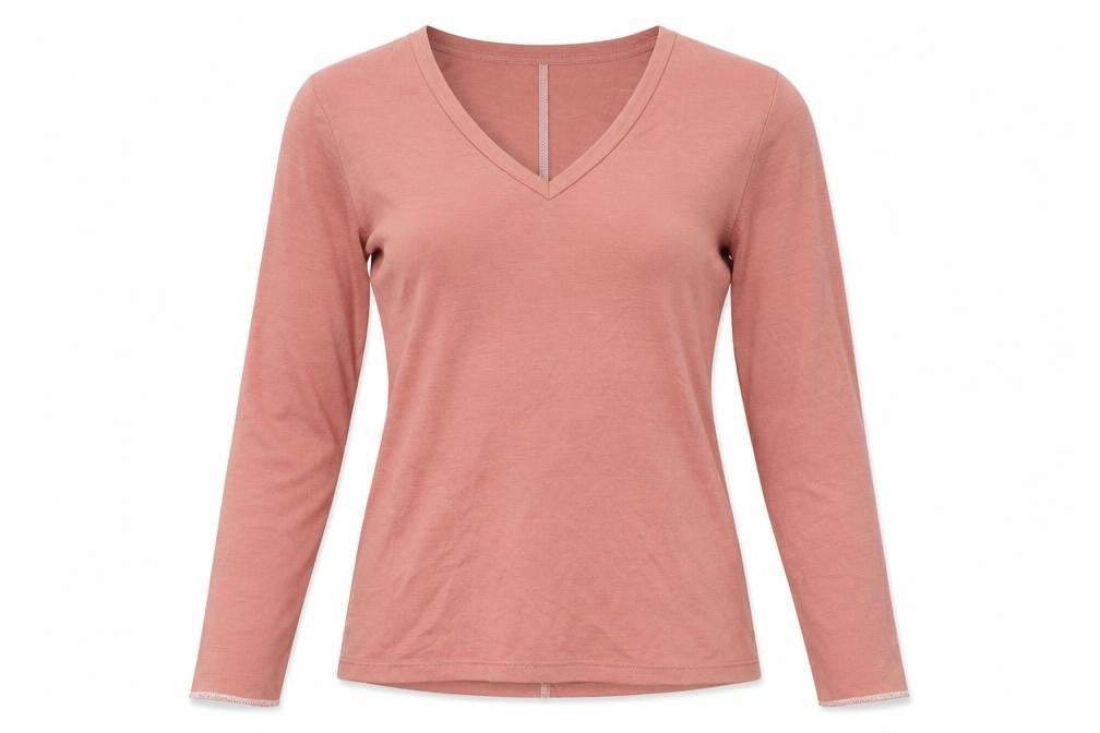 Front view of Per Una women’s pink polyester basic t-shirt, size UK 6, v-neck - contrast stitching