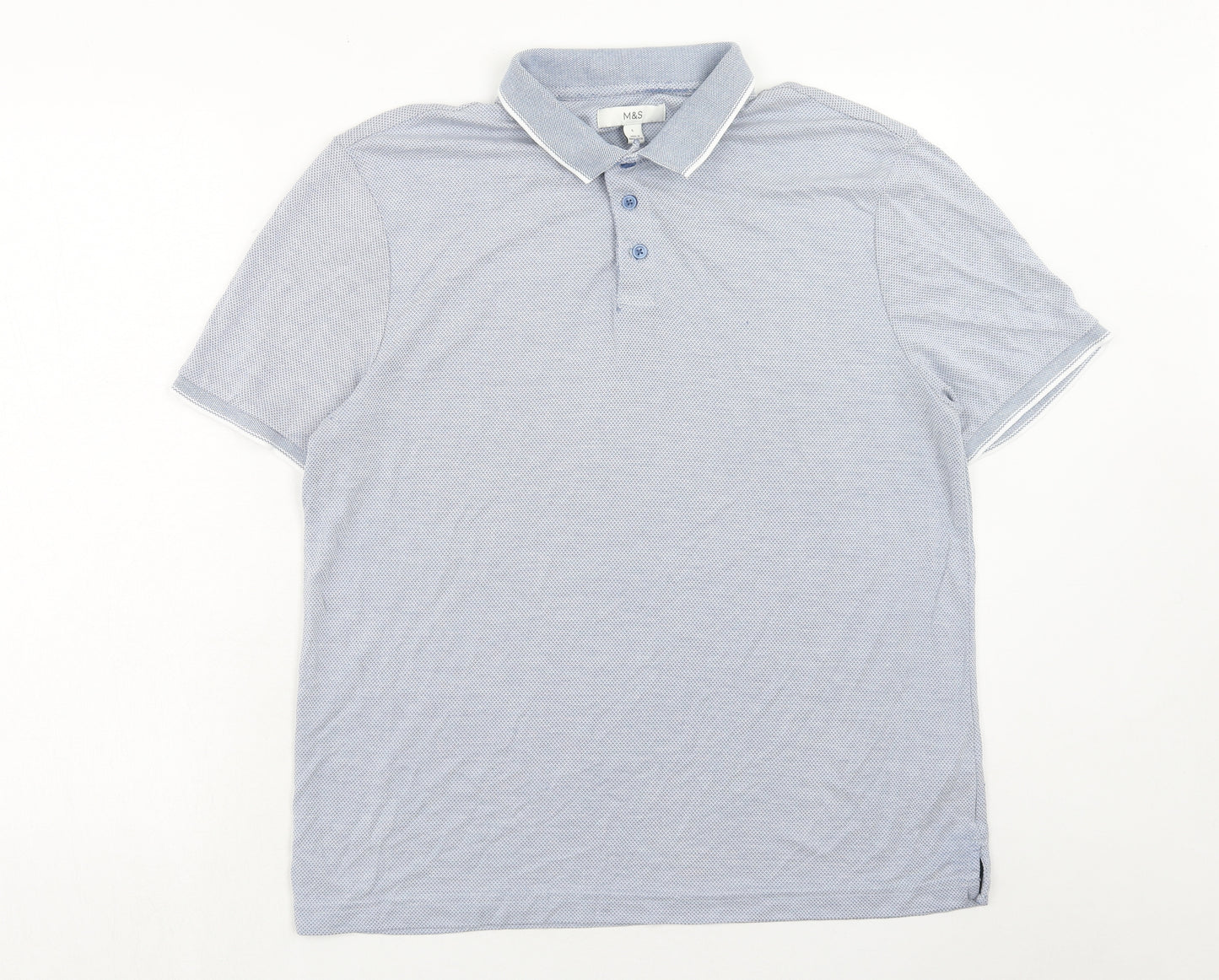 Marks and Spencer Mens Blue Cotton Polo Size L Collared Button