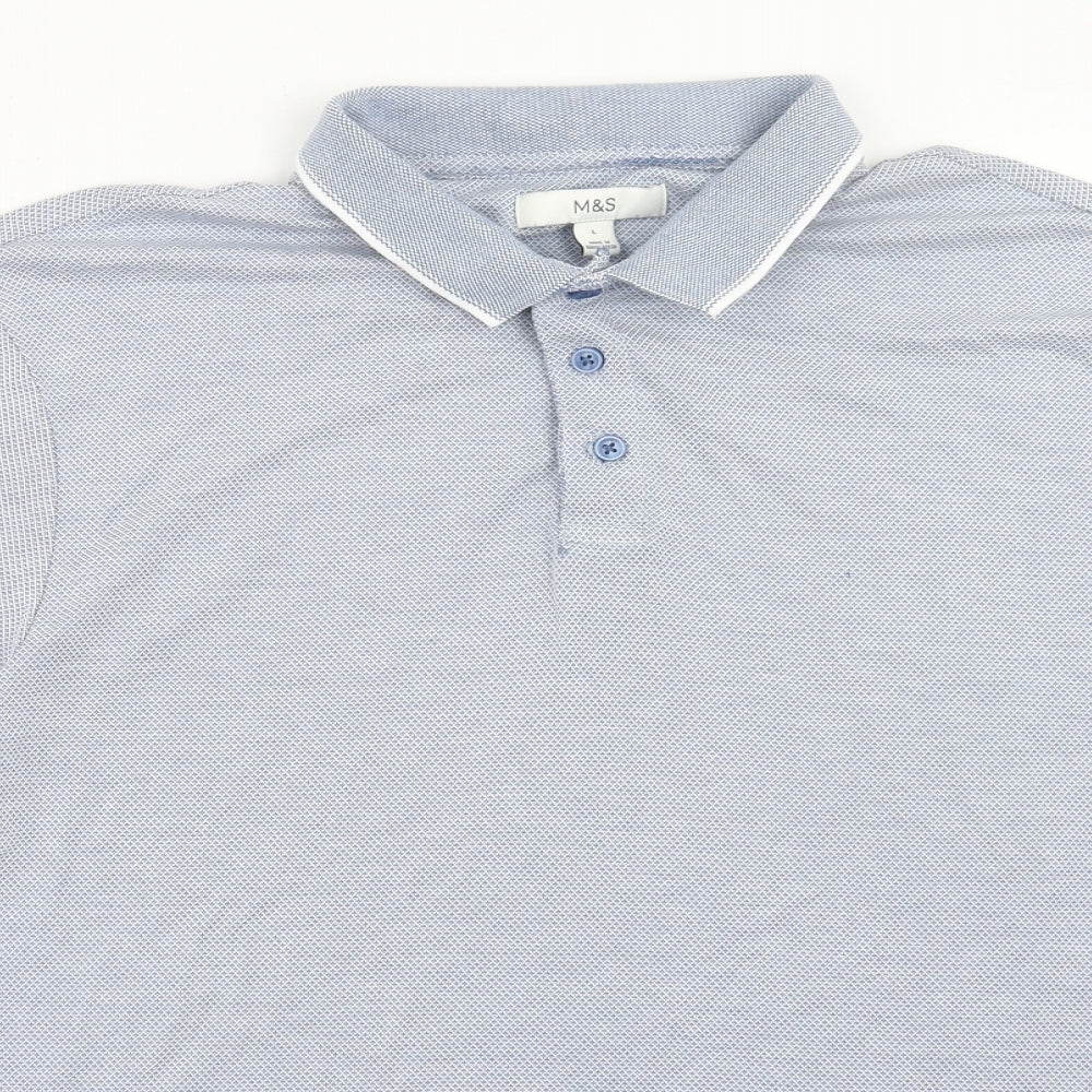 Marks and Spencer Mens Blue Cotton Polo Size L Collared Button