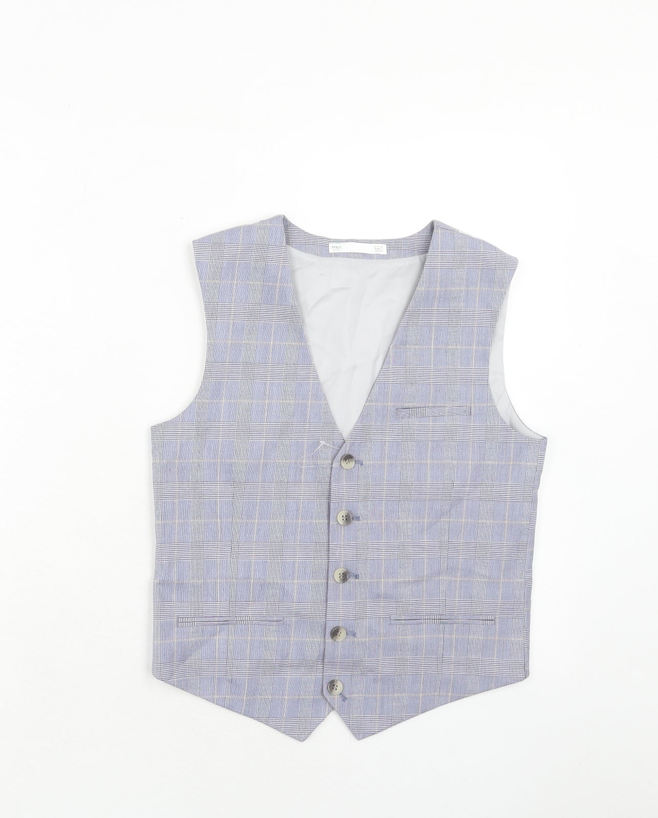 Marks and Spencer Boys Blue Plaid Jacket Waistcoat Size 11-12 Years Button