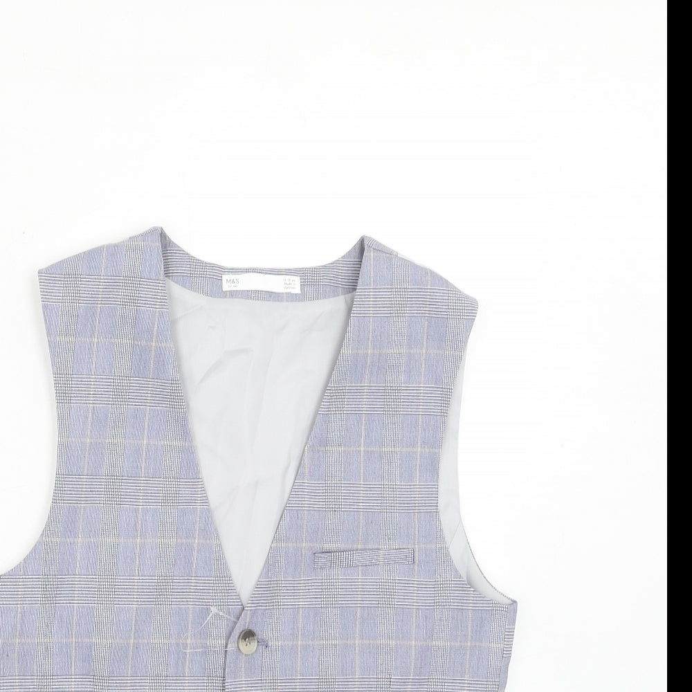 Marks and Spencer Boys Blue Plaid Jacket Waistcoat Size 11-12 Years Button