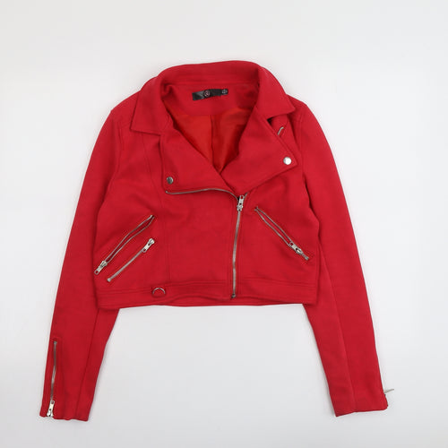 Missguided Womens Red Biker Jacket Size 6 Zip - Cropped