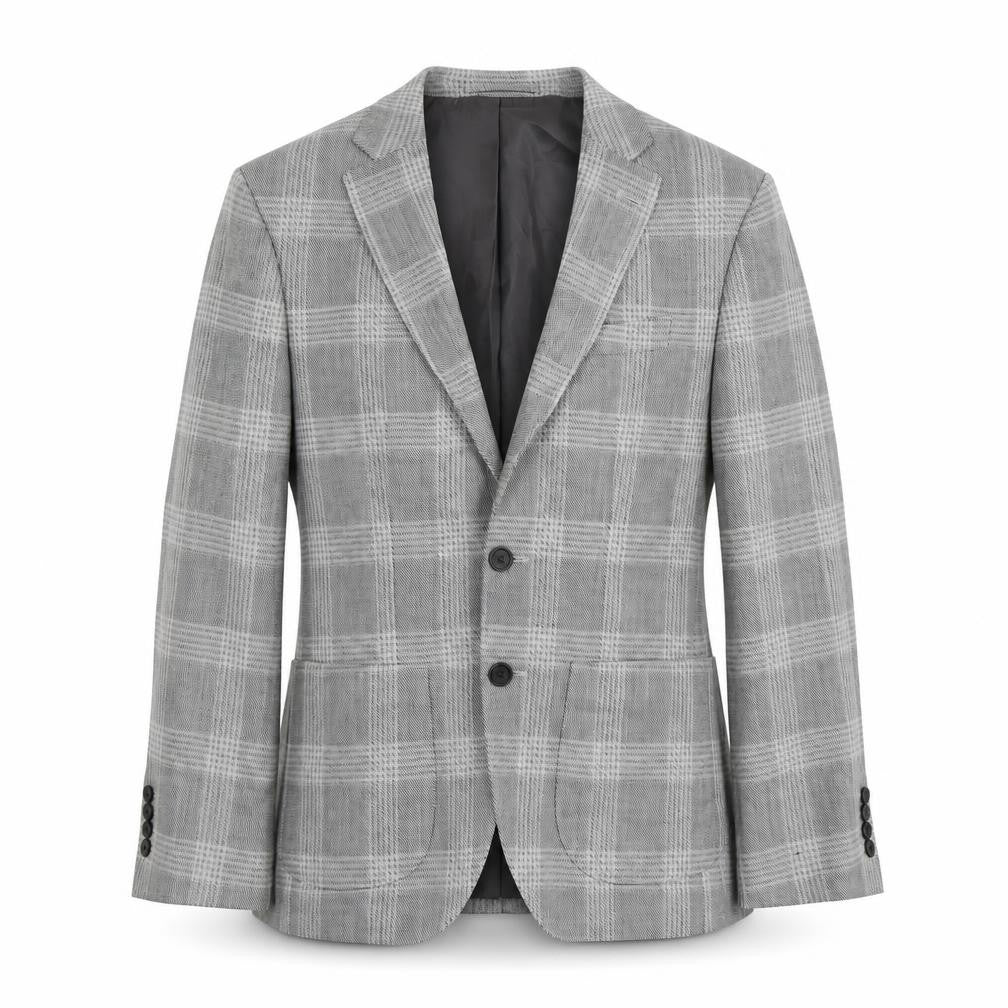 Front view of Marks & Spencer men’s grey plaid polyester jacket blazer, size 38, regular