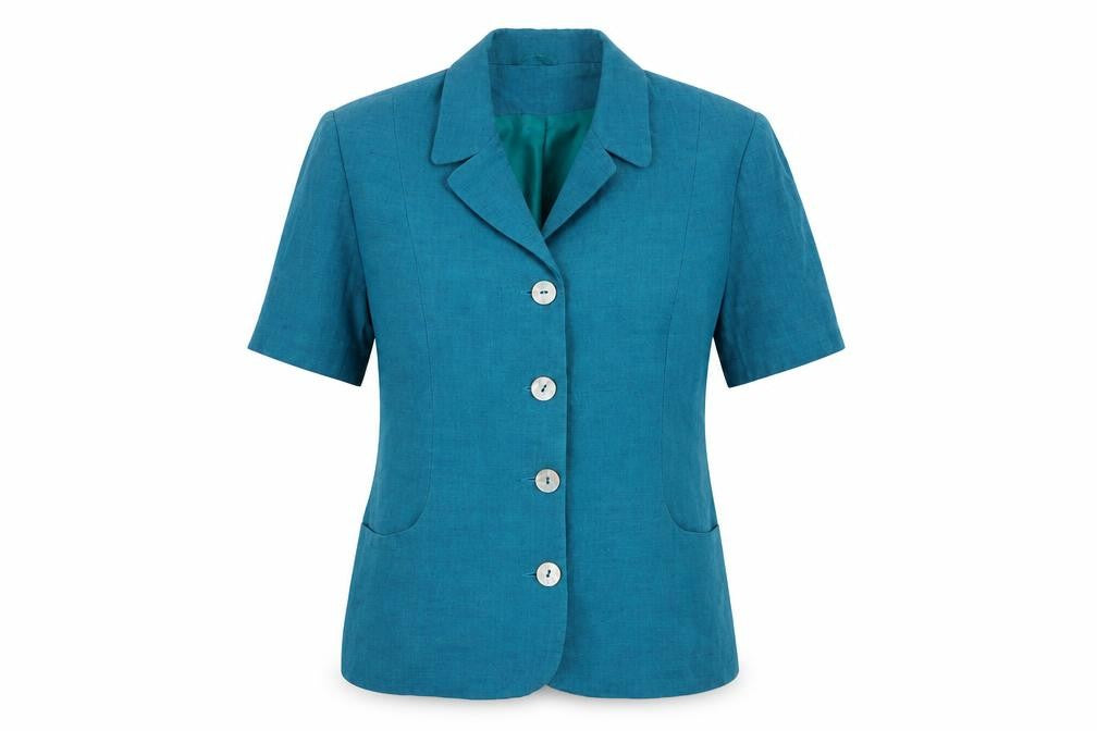 Front view of Dorothy Perkins women’s blue jacket, size UK 14, button