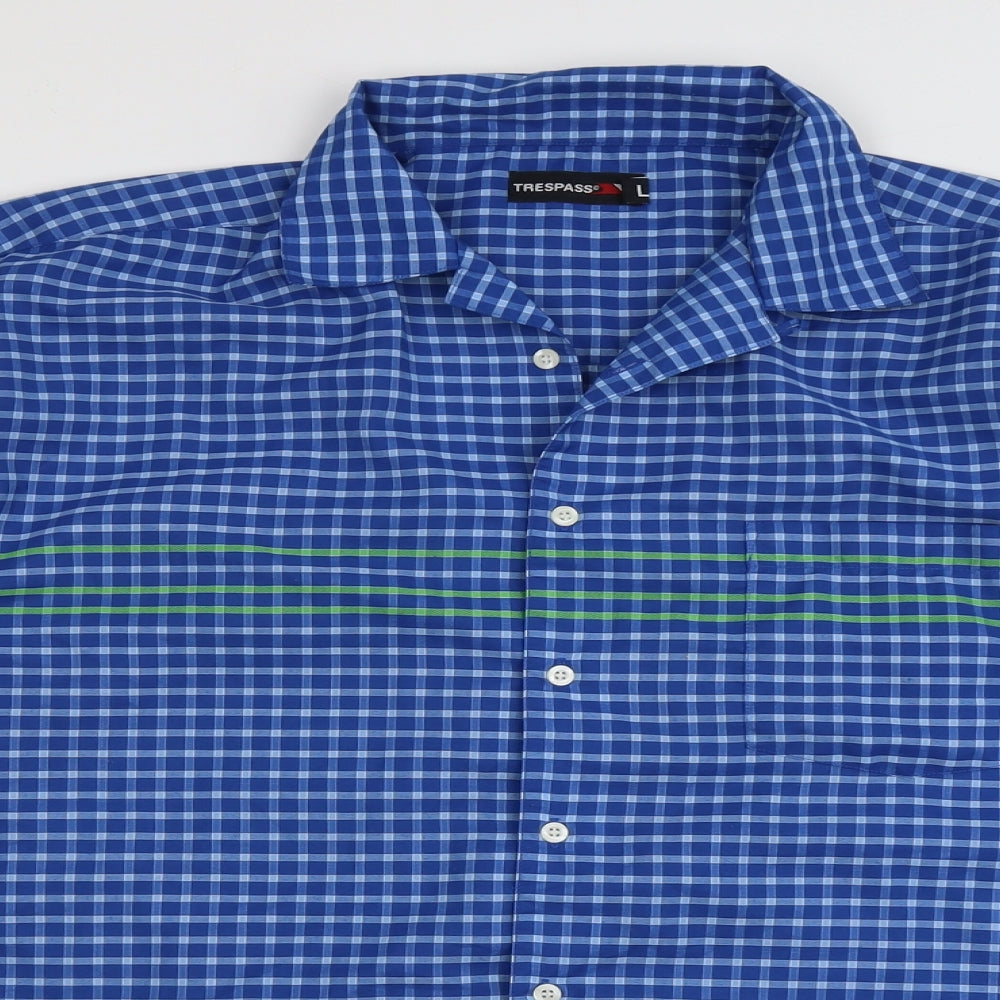 Trespass Mens Blue Check Polyester Button-Up Size L Crew Neck Button