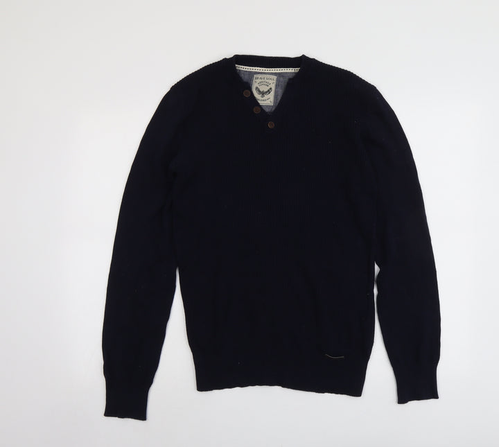 Brave Soul Mens Blue V-Neck Cotton Pullover Jumper Size S Long Sleeve