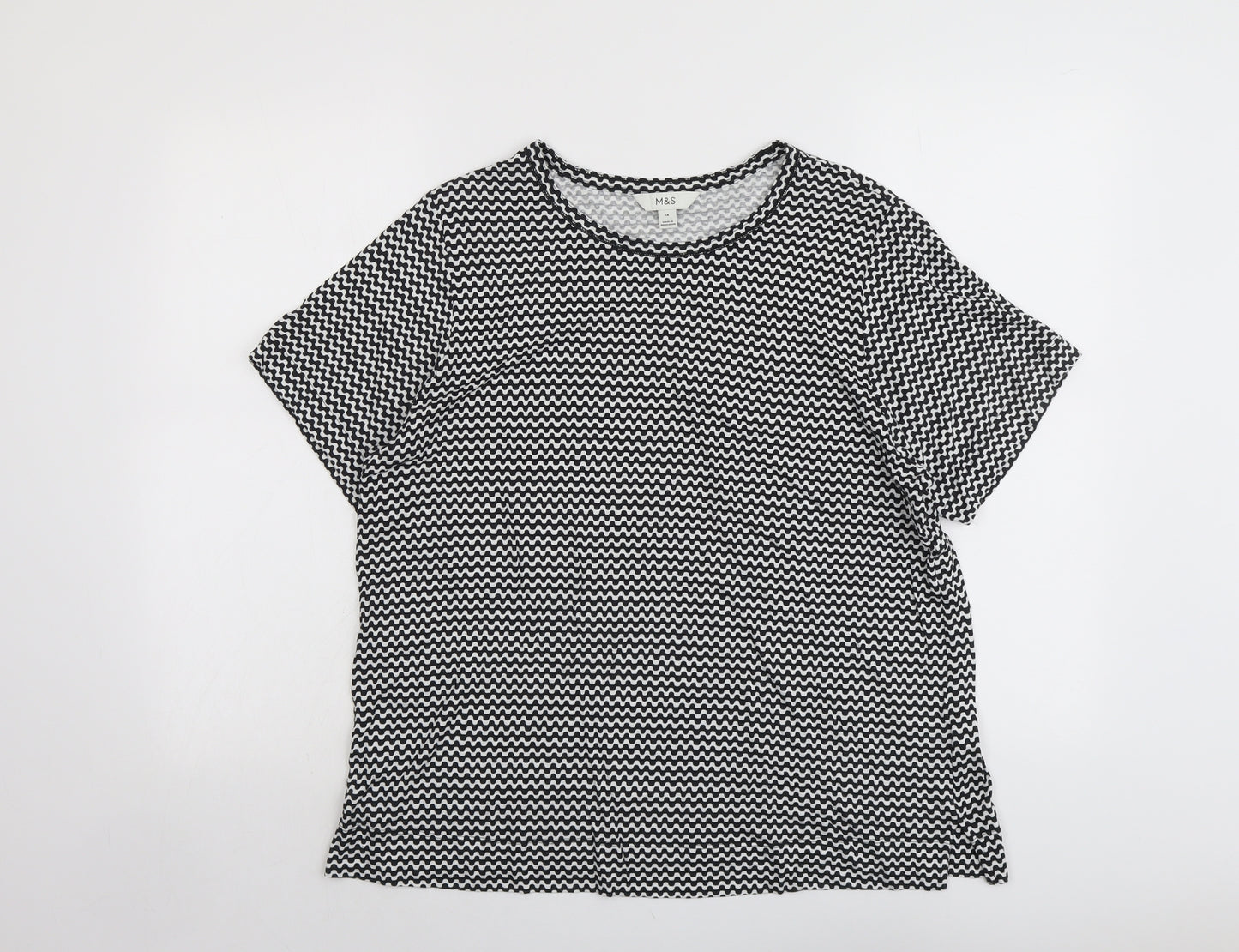 Marks and Spencer Womens Black Geometric Linen Basic Blouse Size 18 Round Neck