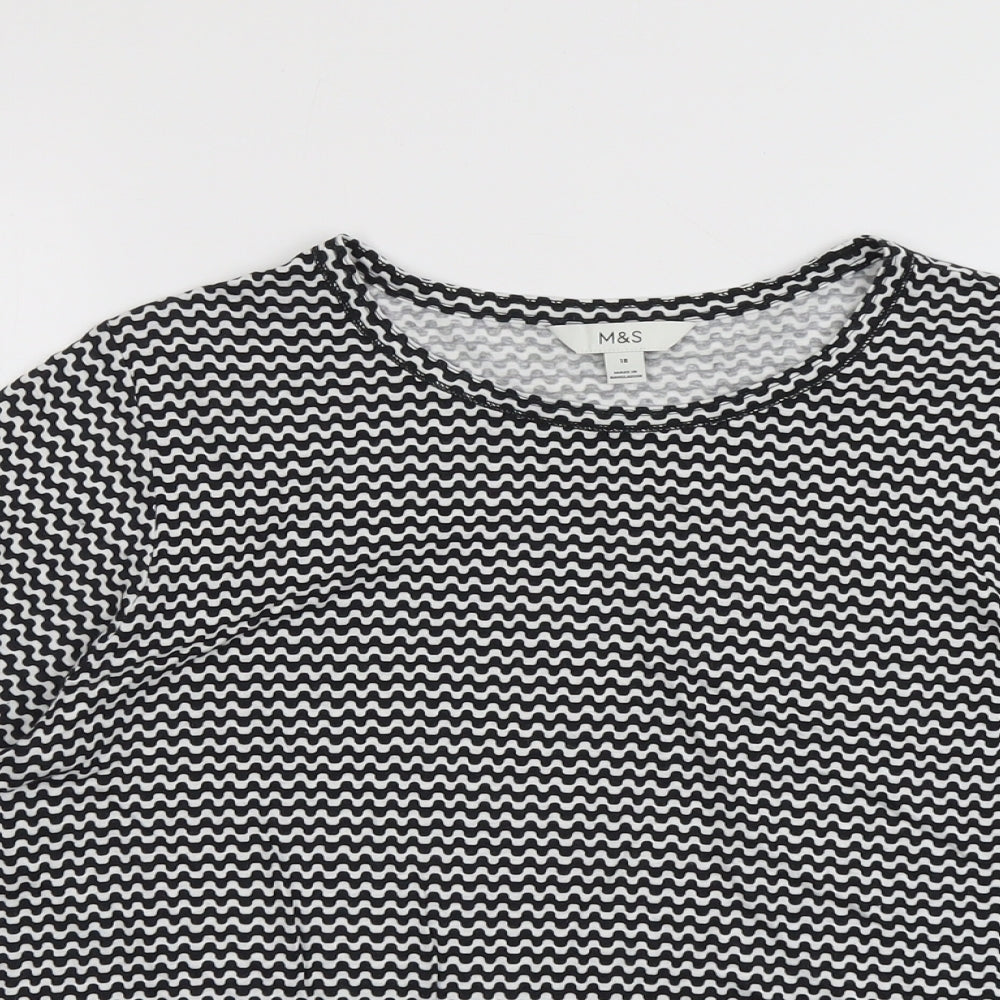 Marks and Spencer Womens Black Geometric Linen Basic Blouse Size 18 Round Neck