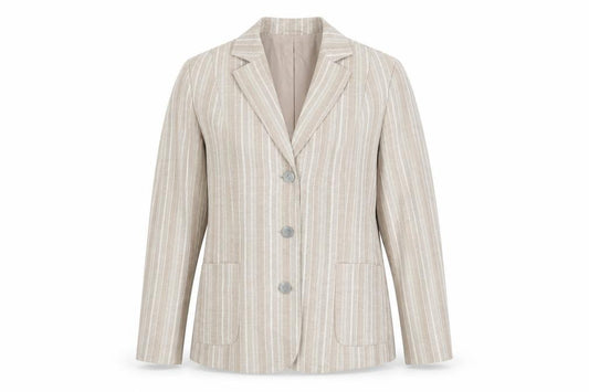 Front view of Oscar B women’s beige striped polyester jacket blazer, size UK 18