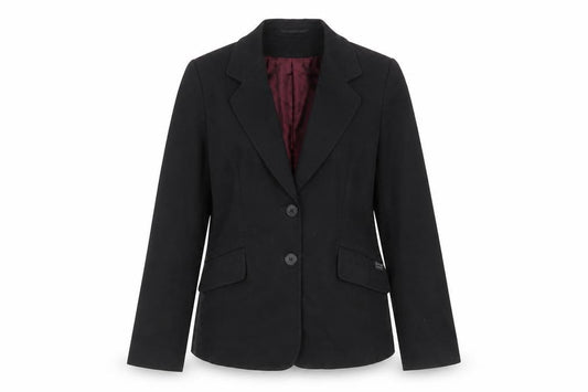 Front view of Evolution women’s black polyester jacket suit jacket, size UK 10